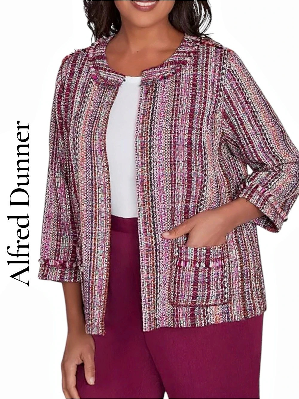 Alfred Dunner Wine Country Fringe Textured Jacket. Woven multicolored tweed-like